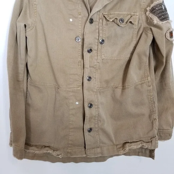 Free People Embellished Military Shirt Jacket Women Sz XS Beige Button Up Boho - Picture 4 of 13